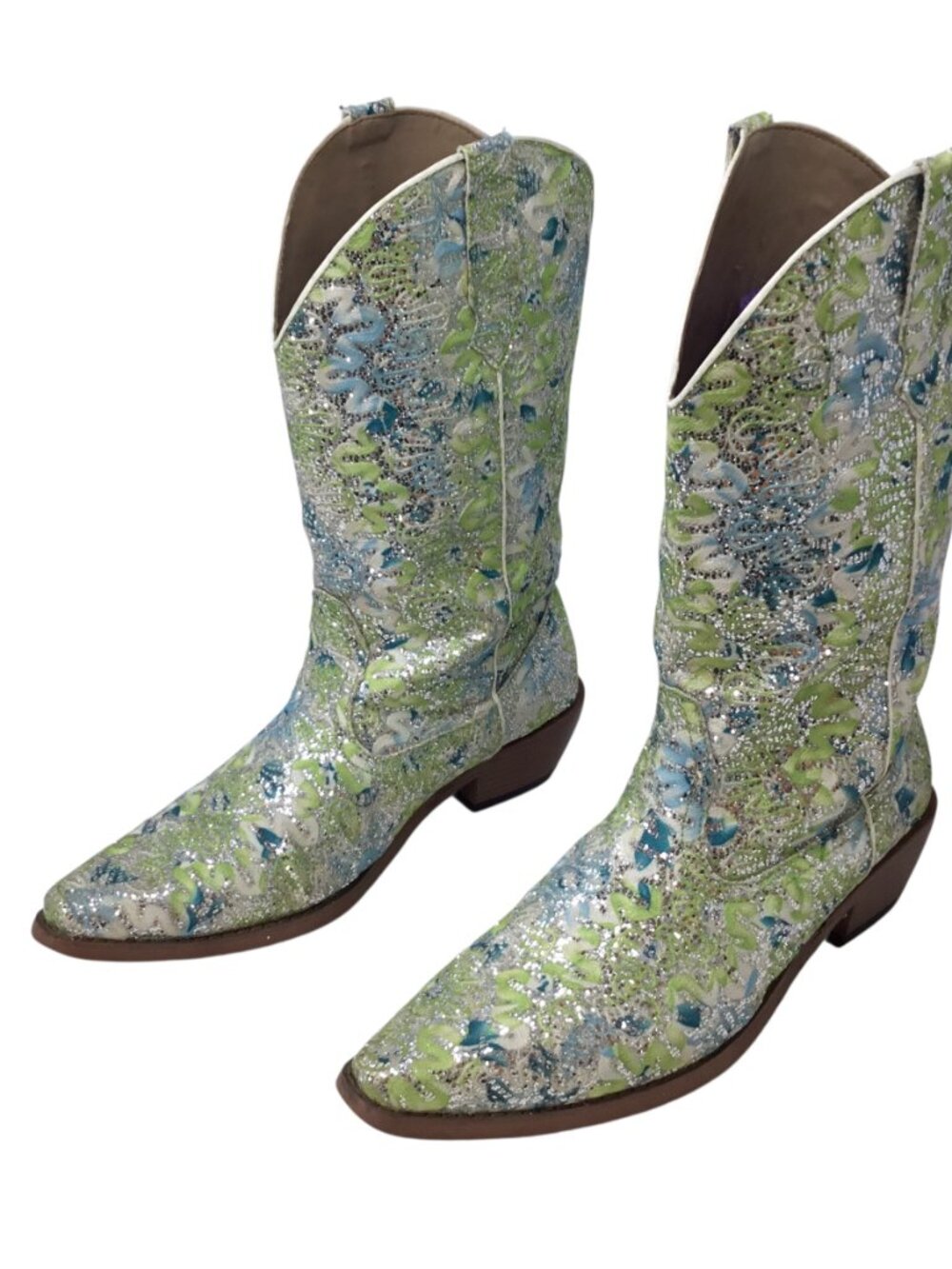 Roper Boots Western Cowgirl Glitter Sparkle Rodeo Sz 10 Snip Toe Lime Green Teal